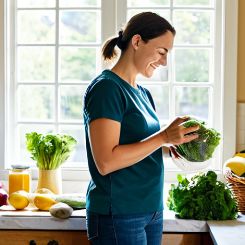 **

A bright and airy kitchen scene featuring a fully clothed woman organizing groceries. She is putting fresh, locally sourced produce into reusable containers. The kitchen has energy-efficient appliances. Sunlight streams in from a window. "Safe for work," "appropriate content," "fully clothed," "family-friendly," "perfect anatomy," "natural proportions," "professional photography," "high quality."

**