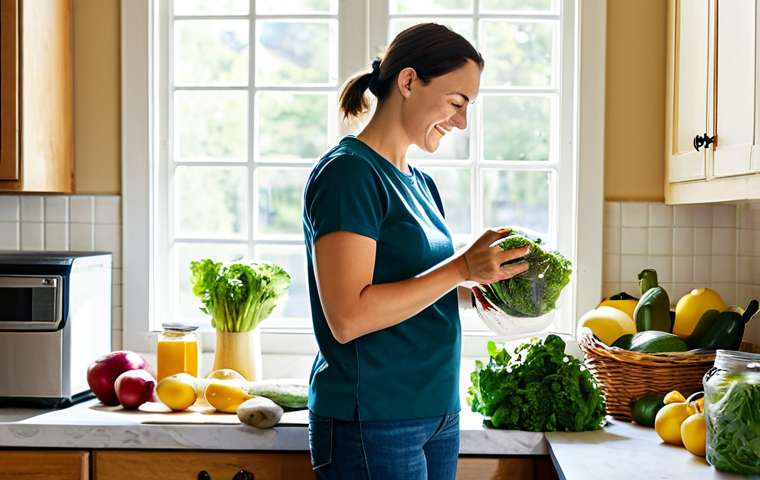 **

A bright and airy kitchen scene featuring a fully clothed woman organizing groceries. She is putting fresh, locally sourced produce into reusable containers. The kitchen has energy-efficient appliances. Sunlight streams in from a window. "Safe for work," "appropriate content," "fully clothed," "family-friendly," "perfect anatomy," "natural proportions," "professional photography," "high quality."

**