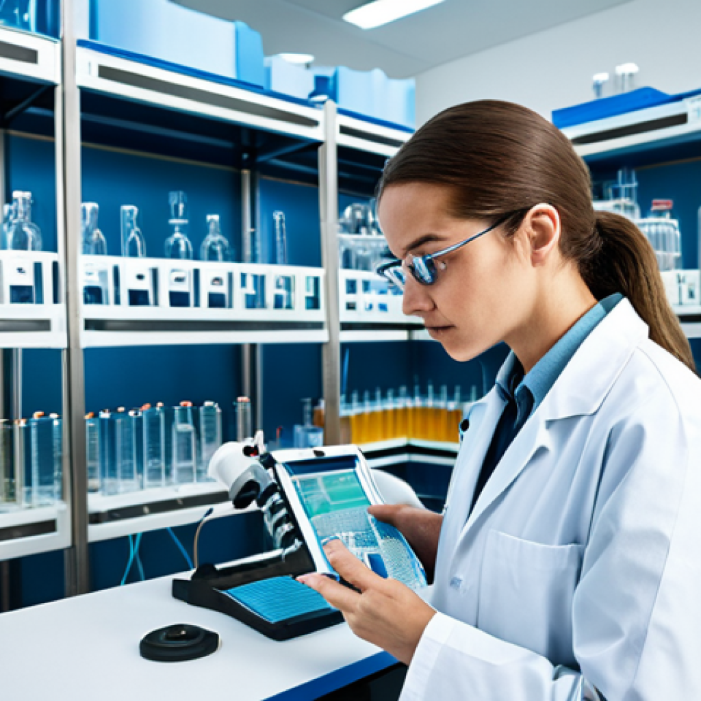 "A scientist in a lab coat, analyzing water samples, surrounded by advanced technology, depicting seawater desalination research, fully clothed, safe for work, appropriate content, perfect anatomy, natural proportions, professional setting, high quality."