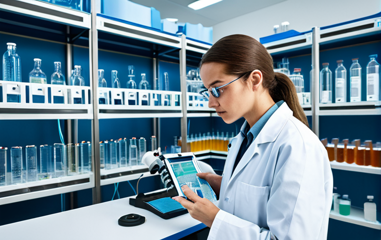 "A scientist in a lab coat, analyzing water samples, surrounded by advanced technology, depicting seawater desalination research, fully clothed, safe for work, appropriate content, perfect anatomy, natural proportions, professional setting, high quality."