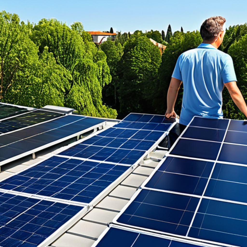 기후 변화 대응 기술 - Solar Panel Rooftop**
A modern house with solar panels installed on the rooftop, sunny day, blue sk...