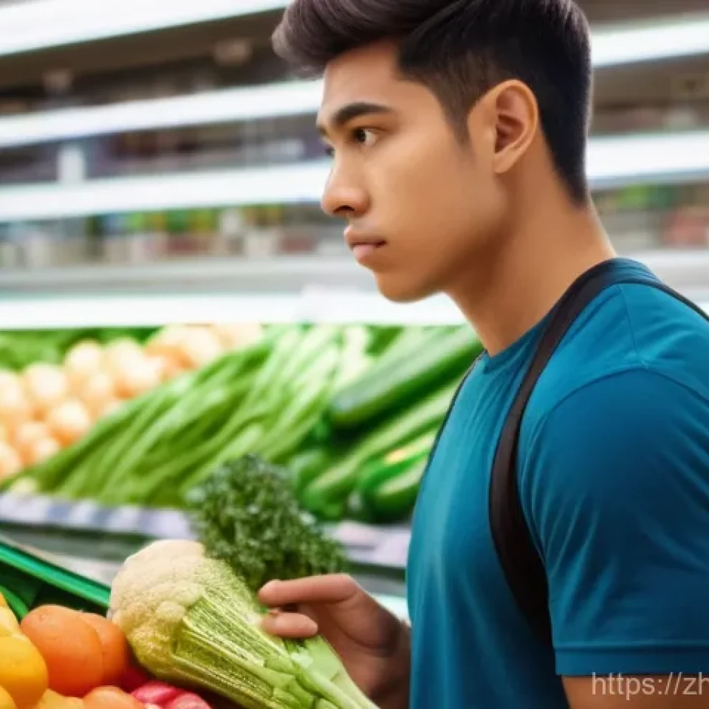 기후 변화의 경제적 분석 - **Prompt:** A young adult, dressed in casual, modern attire, stands in a brightly lit supermarket pr...