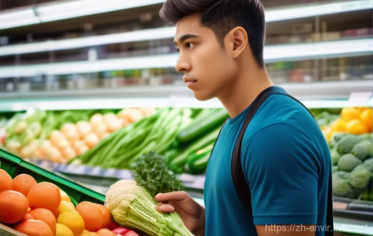 기후 변화의 경제적 분석 - **Prompt:** A young adult, dressed in casual, modern attire, stands in a brightly lit supermarket pr...