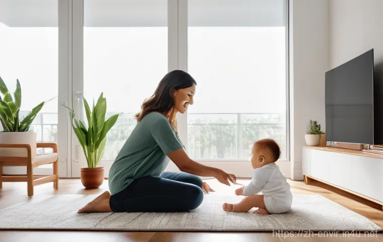 환경 혁신과 사회적 책임 - **A modern, minimalist smart home living room bathed in soft, natural light.** The room features sle...
