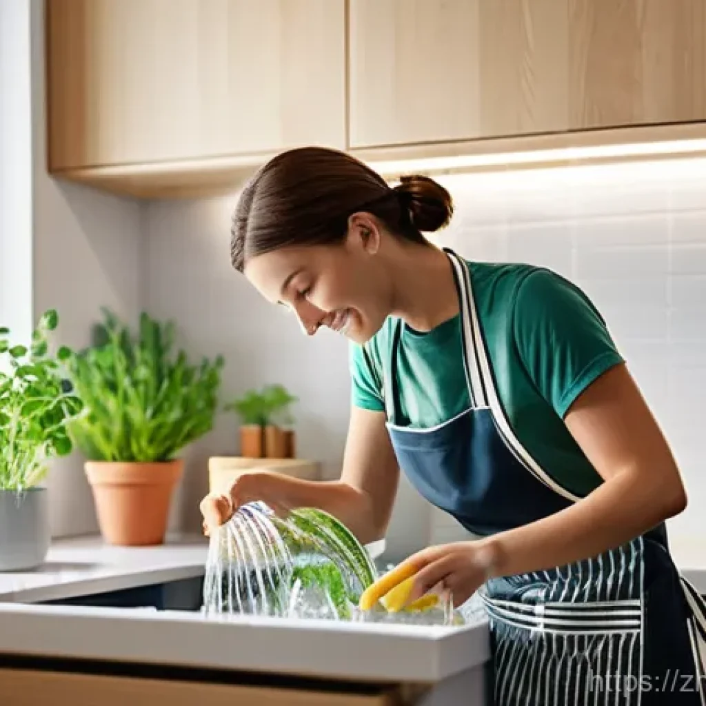 물 절약과 효율성 - **Prompt 1: Kitchen Water Efficiency**
"A bright, modern kitchen scene. A female adult, mid-30s,...