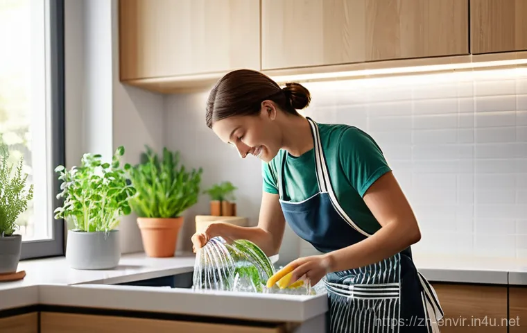 물 절약과 효율성 - **Prompt 1: Kitchen Water Efficiency**
    "A bright, modern kitchen scene. A female adult, mid-30s,...