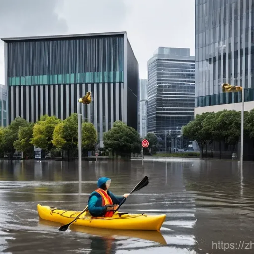 기후 변화로 인한 자연재해 - **Prompt:** A bustling modern cityscape is experiencing an unprecedented, yet contained, urban flood...