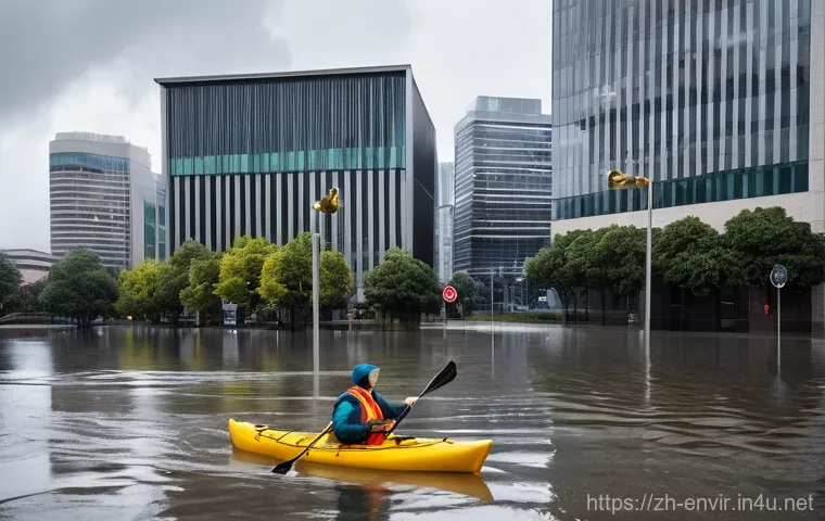 기후 변화로 인한 자연재해 - **Prompt:** A bustling modern cityscape is experiencing an unprecedented, yet contained, urban flood...