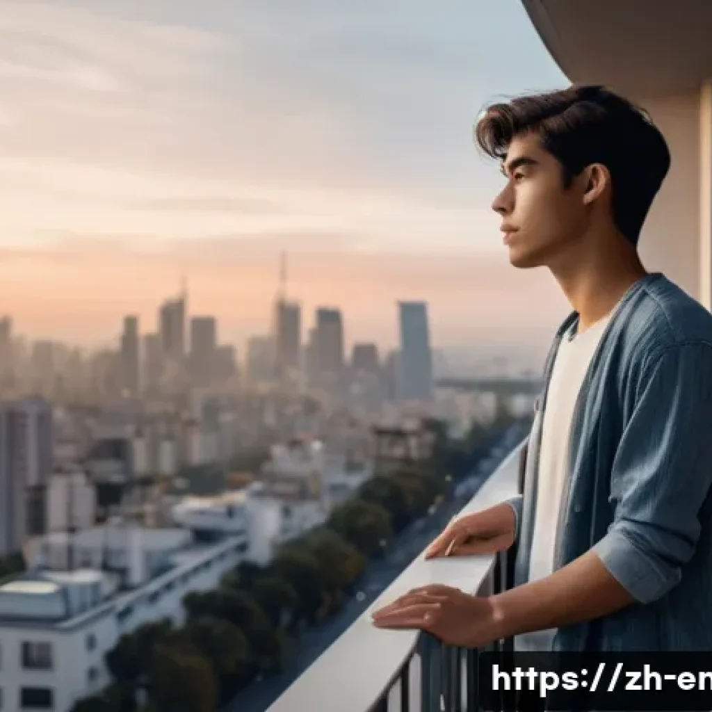 대기 중 미세먼지의 영향 - **Prompt**: A young adult (20s-30s, gender neutral) standing on a modern apartment balcony, looking ...