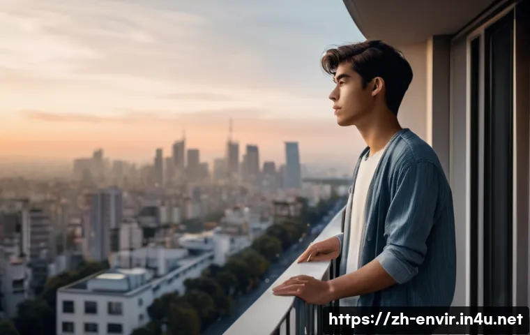 대기 중 미세먼지의 영향 - **Prompt**: A young adult (20s-30s, gender neutral) standing on a modern apartment balcony, looking ...