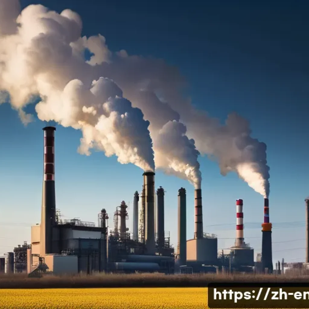 온실가스 배출의 주요 원인 - A detailed industrial scene showing a modern steel factory with large smokestacks emitting thick car...