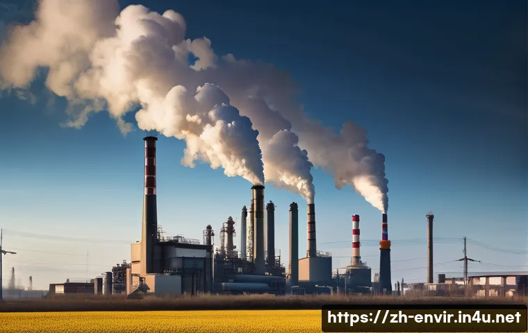 온실가스 배출의 주요 원인 - A detailed industrial scene showing a modern steel factory with large smokestacks emitting thick car...