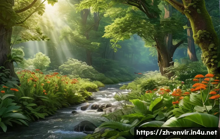 산림 파괴와 생물 다양성 - A vibrant forest scene showing a diverse ecosystem with native trees, birds nesting on branches, and...