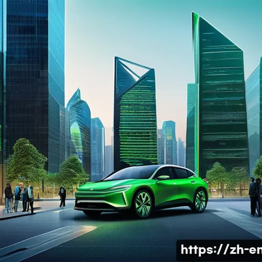 온실가스 배출 저감을 위한 혁신적 정책 - A futuristic urban financial district at dusk, featuring tall glass skyscrapers with glowing green a...