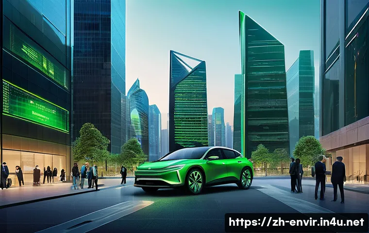 온실가스 배출 저감을 위한 혁신적 정책 - A futuristic urban financial district at dusk, featuring tall glass skyscrapers with glowing green a...