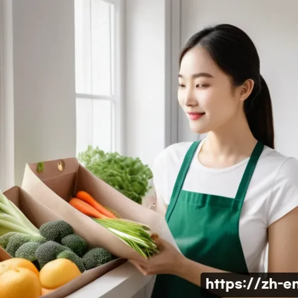 자원 절약과 지속 가능한 소비 - A modern Chinese kitchen scene featuring a young woman holding a reusable shopping list and eco-frie...