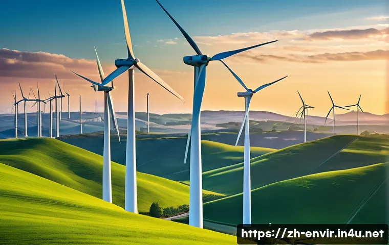 사회적 환경 책임과 기업의 역할 - A modern wind turbine farm at sunrise, featuring sleek, high-efficiency wind turbines with detailed ...