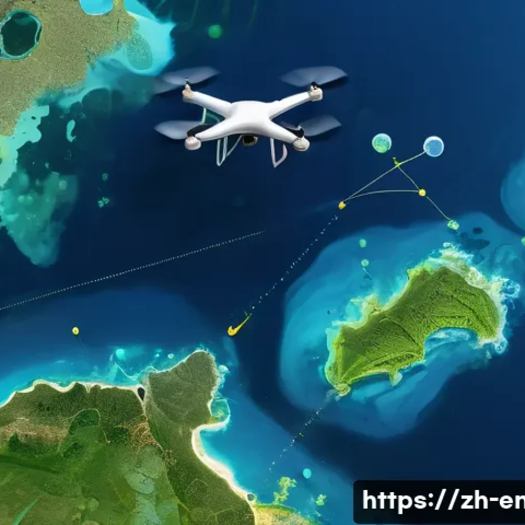 지속 가능한 해양 자원 관리 - A high-tech marine ecological monitoring scene featuring a satellite and multiple drones flying over...