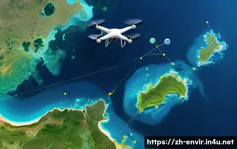 지속 가능한 해양 자원 관리 - A high-tech marine ecological monitoring scene featuring a satellite and multiple drones flying over...