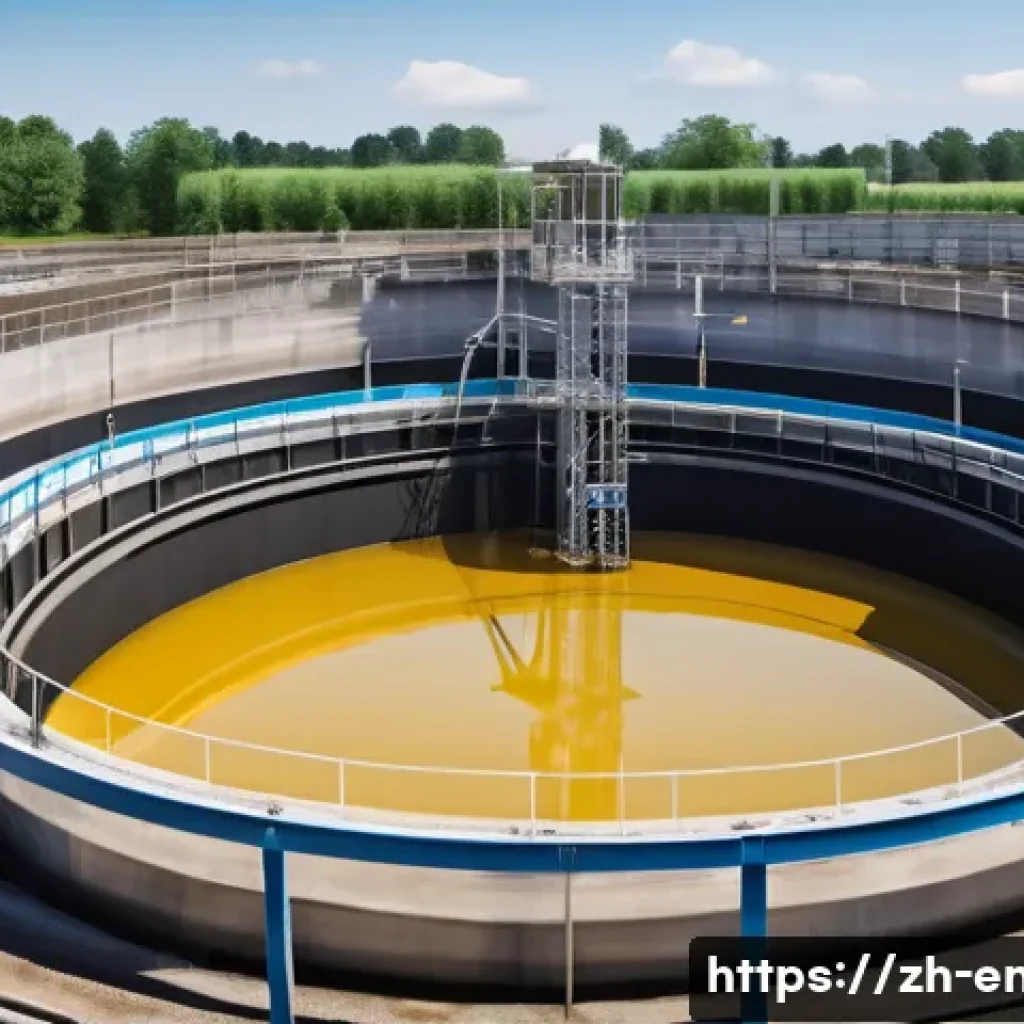 수질 오염 방지 - A detailed industrial wastewater treatment scene showcasing a large sedimentation tank with clear la...