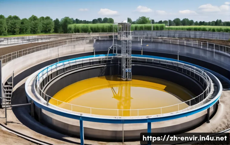 수질 오염 방지 - A detailed industrial wastewater treatment scene showcasing a large sedimentation tank with clear la...