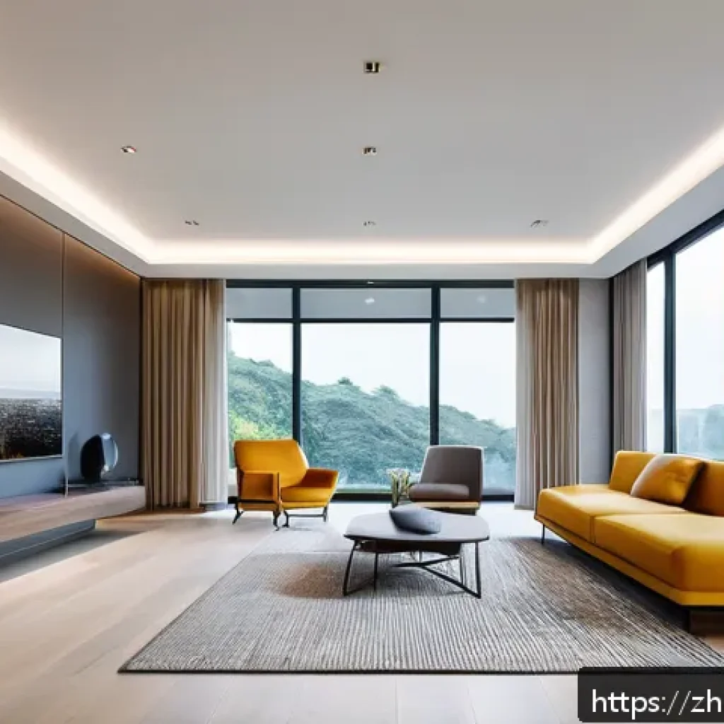 친환경 건축물 설계 - A modern smart lighting system installed in a contemporary residential living room, showcasing sleek...