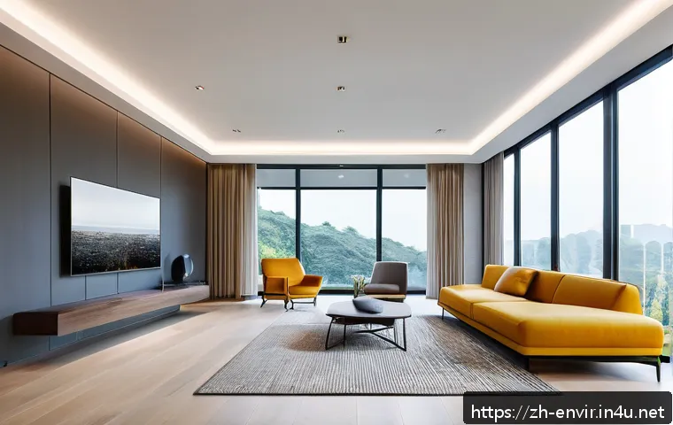 친환경 건축물 설계 - A modern smart lighting system installed in a contemporary residential living room, showcasing sleek...