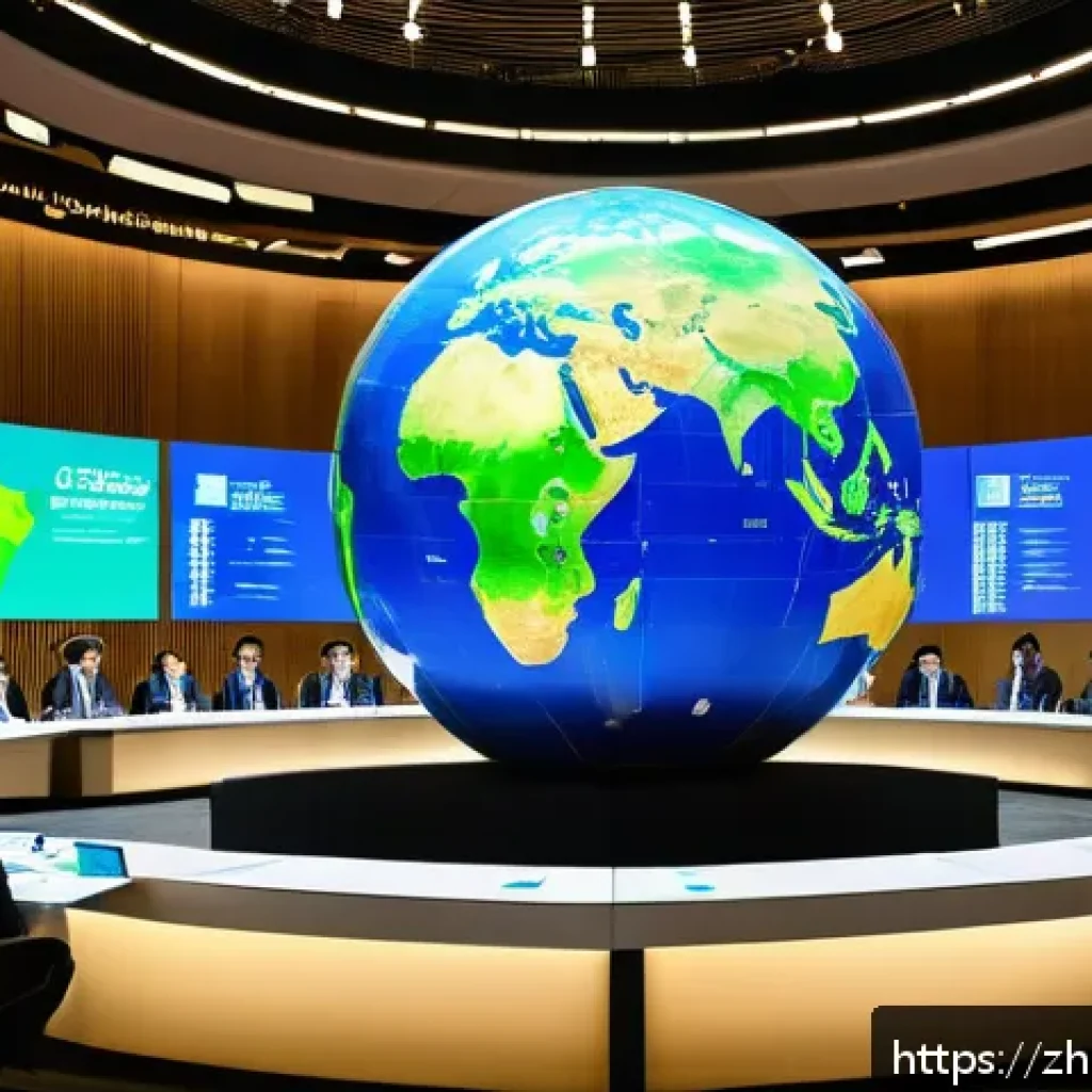 지구 환경 문제와 국제적 대응 - A futuristic international climate summit scene showing diverse delegates from various countries gat...