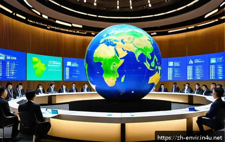 지구 환경 문제와 국제적 대응 - A futuristic international climate summit scene showing diverse delegates from various countries gat...