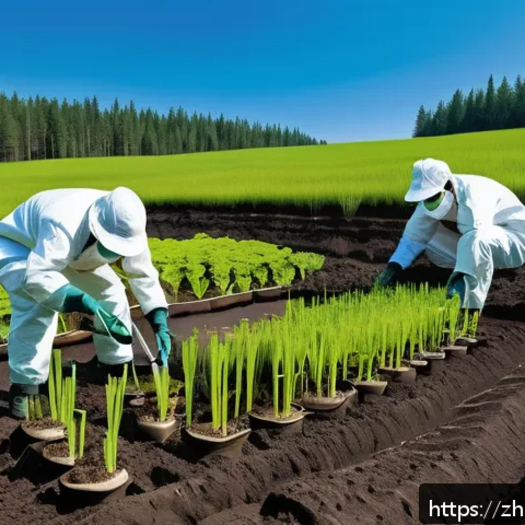 생물 다양성 보존 전략 - A detailed scene of ecological soil restoration in a lush natural reserve, featuring scientists appl...