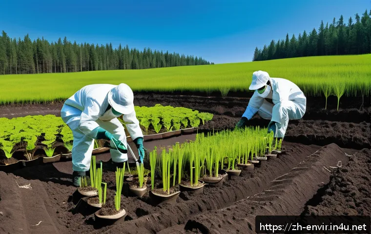 생물 다양성 보존 전략 - A detailed scene of ecological soil restoration in a lush natural reserve, featuring scientists appl...
