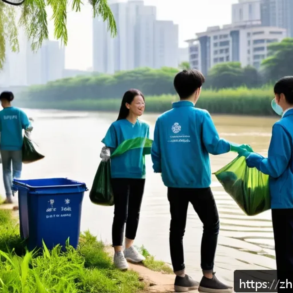 환경 교육 커리큘럼 - A vibrant community environmental cleanup event along a riverbank in a modern Chinese city, featurin...