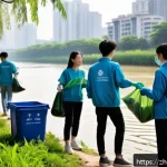 환경 교육 커리큘럼 - A vibrant community environmental cleanup event along a riverbank in a modern Chinese city, featurin...