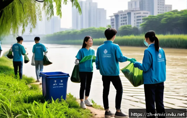 환경 교육 커리큘럼 - A vibrant community environmental cleanup event along a riverbank in a modern Chinese city, featurin...