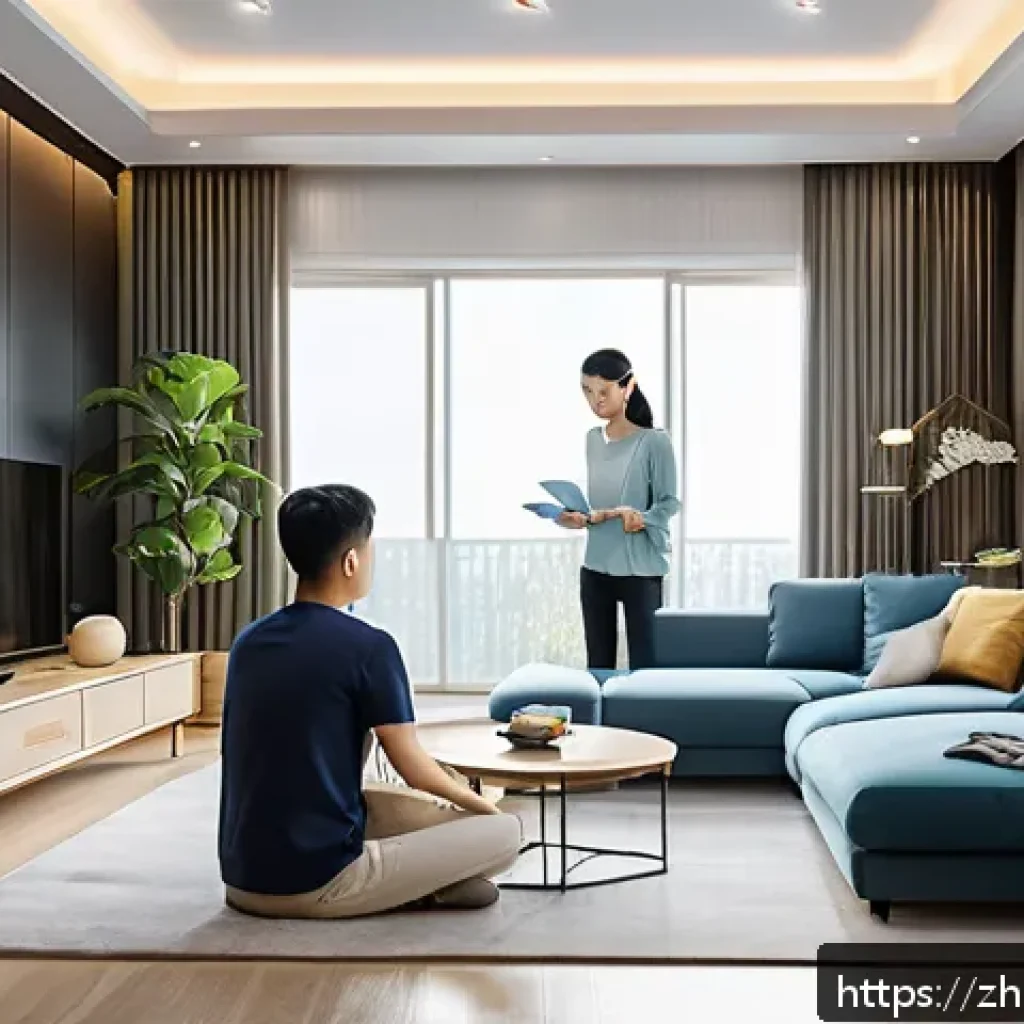 기후 변화 대처를 위한 글로벌 전략 - A modern smart home interior featuring a family using an intelligent energy management