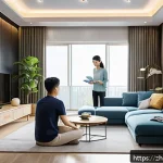기후 변화 대처를 위한 글로벌 전략 - A modern smart home interior featuring a family using an intelligent energy management