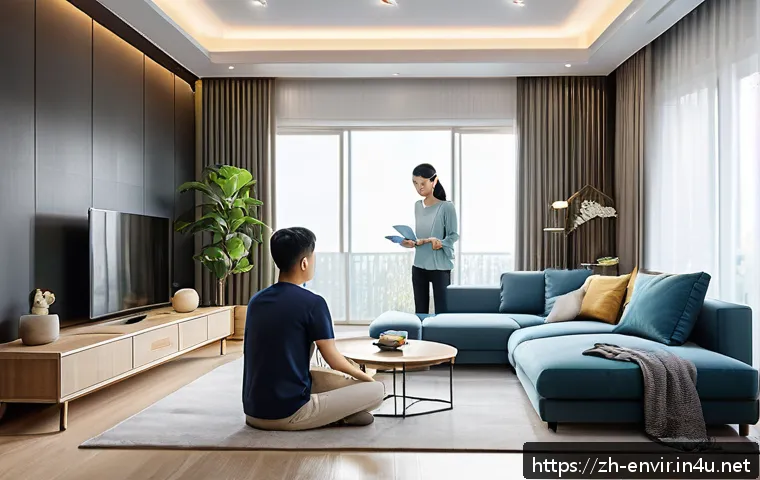 기후 변화 대처를 위한 글로벌 전략 - A modern smart home interior featuring a family using an intelligent energy management