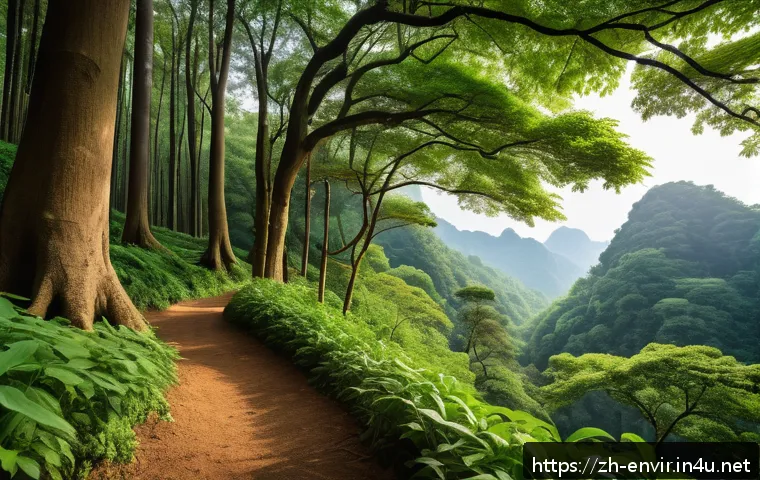생태계 서비스의 경제적 가치 - A vibrant, lush forest landscape in modern simplified Chinese style, showcasing dense green trees, d...