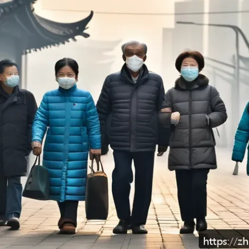 대기 오염과 건강 - A modern Chinese urban street scene on a heavy smog day, showing people wearing N95 masks properly f...