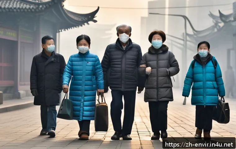 대기 오염과 건강 - A modern Chinese urban street scene on a heavy smog day, showing people wearing N95 masks properly f...