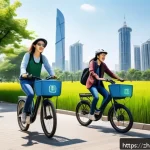 산업화와 환경 변화 - A modern urban green cityscape featuring eco-friendly architecture with solar panels on rooftops, ab...
