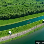 환경학 연구 방법 - A detailed aerial view of an environmental field research team conducting water quality monitoring u...