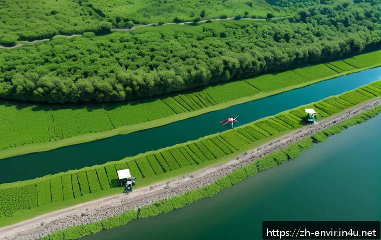 환경학 연구 방법 - A detailed aerial view of an environmental field research team conducting water quality monitoring u...