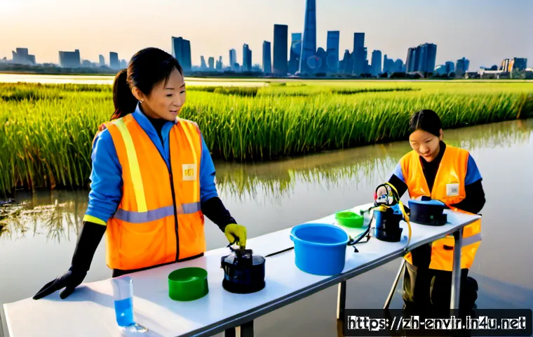 환경학 연구의 최신 동향 - Photorealistic environmental science research scene, diverse team of scientists in clean outdoor fie...